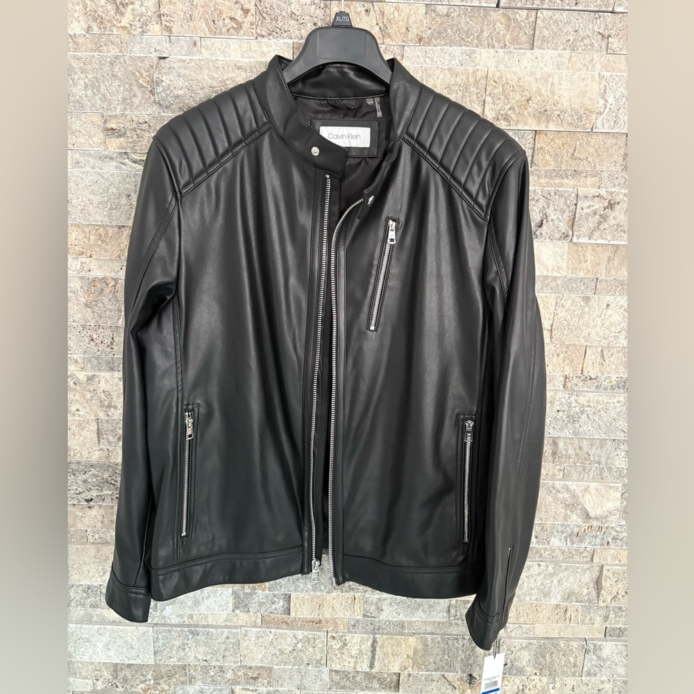 NWT Calvin Klein Black Faux Leather‎ Moto Jacket, man’s, size XL